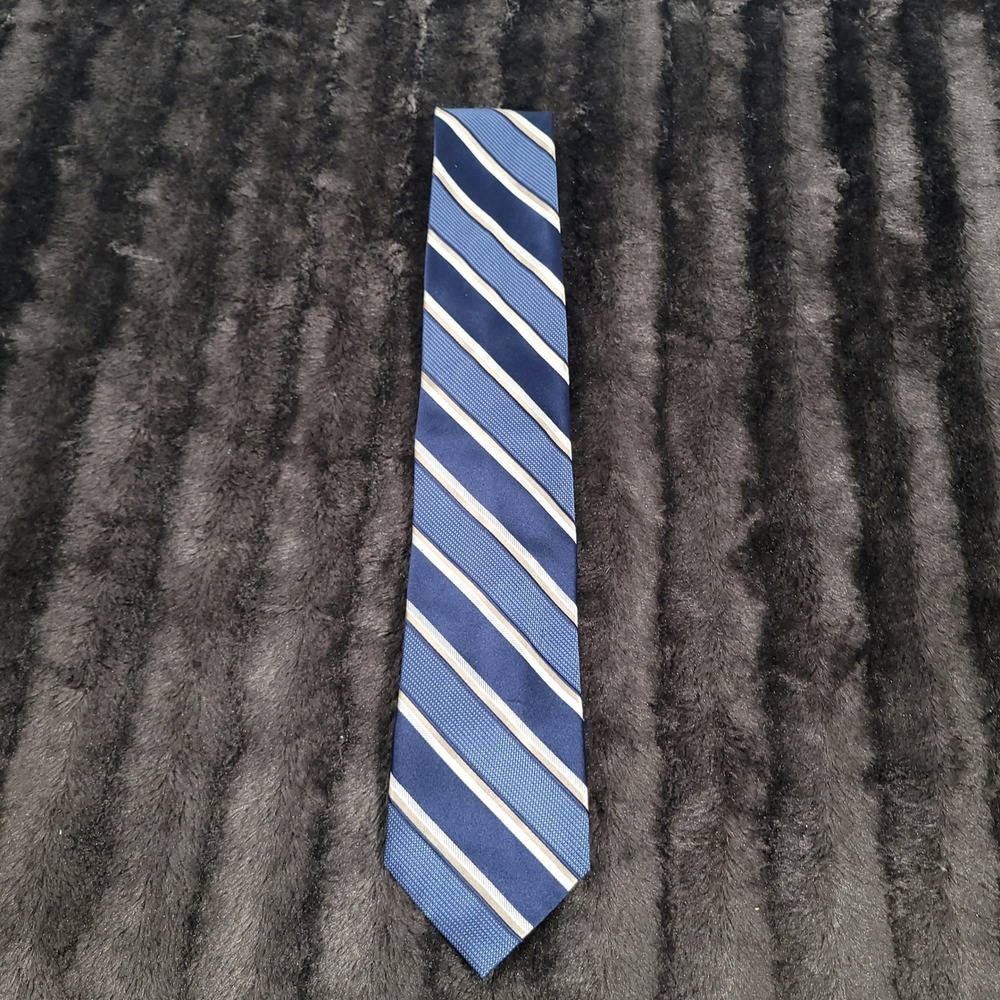 Michael Michael Kors Mens Silk Necktie Navy Blue Tan Striped Silk Tie RN 121148